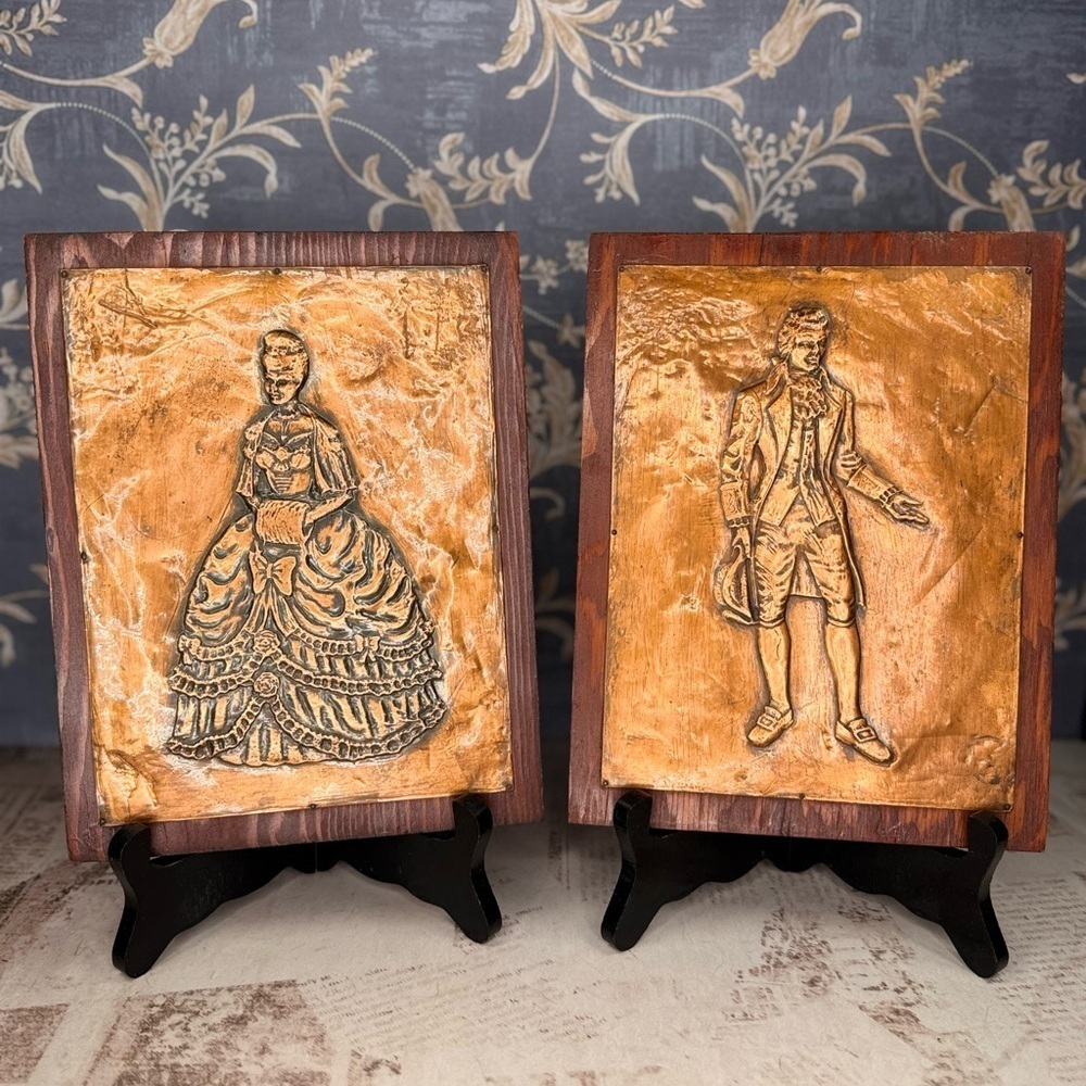 Vintage Copper Relief Wall Plaques Colonial Man & Woman on Wood (Pair)